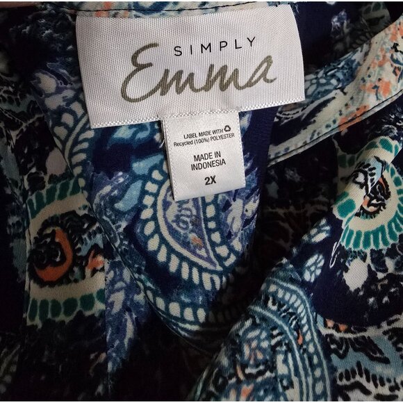 Simply Emma Womens Paisley Long Sleeve Tunic Top 2X Navy & Teal Polyester - Picture 5 of 7